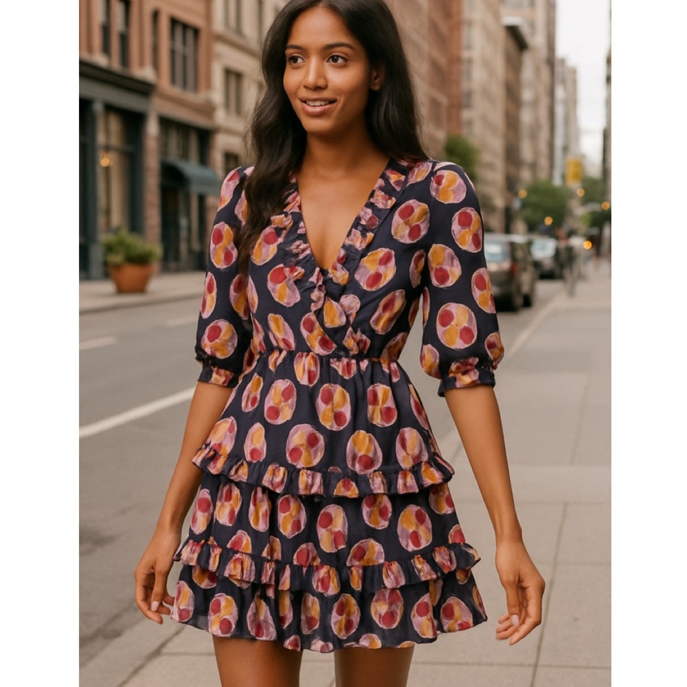 Talulah Anthro Bisous Ruffle Printed Mini Dress Purple Multicolor XS